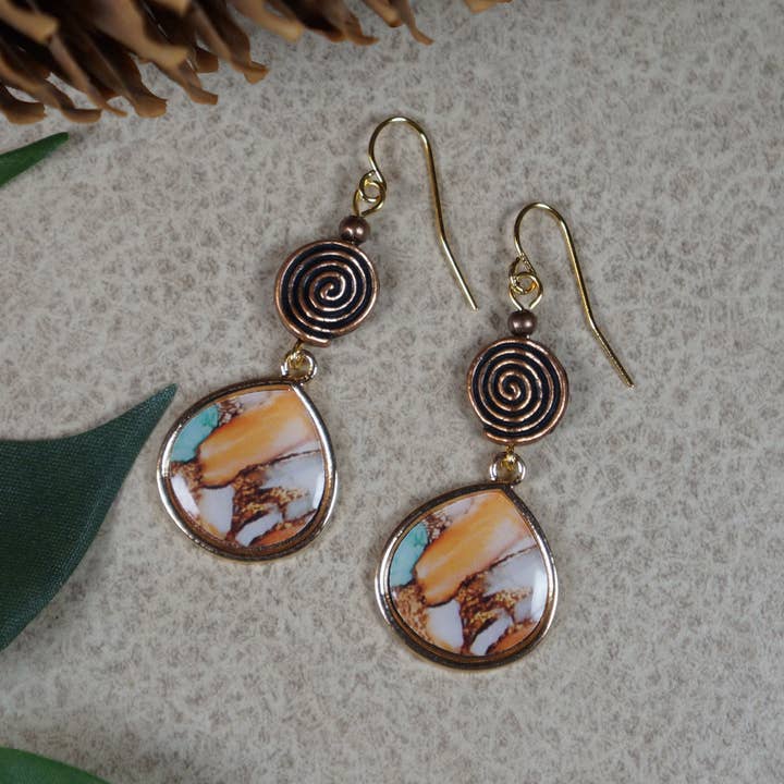 Beautiful Multi Color Copper Swirl Handmade Teardrop Earrings, 18K Gold Hypoallergenic Earwires for wholesale by Jewelry by Dawn