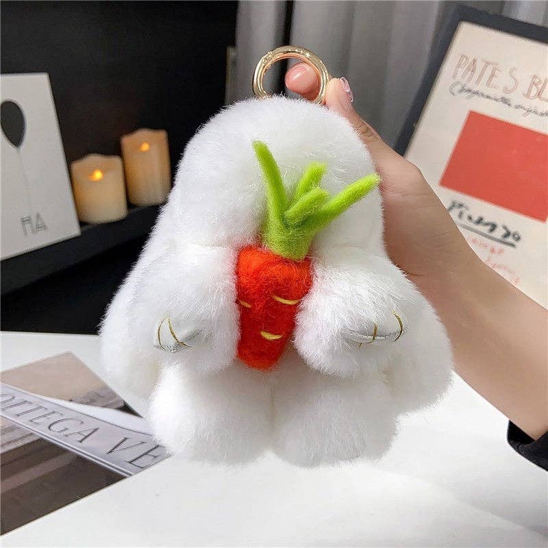 Plush Looks - Wholesale Keychain - Women's - Rex Rabbit Fur Cute Fluffy Bunny Holding Carrot Keychain0