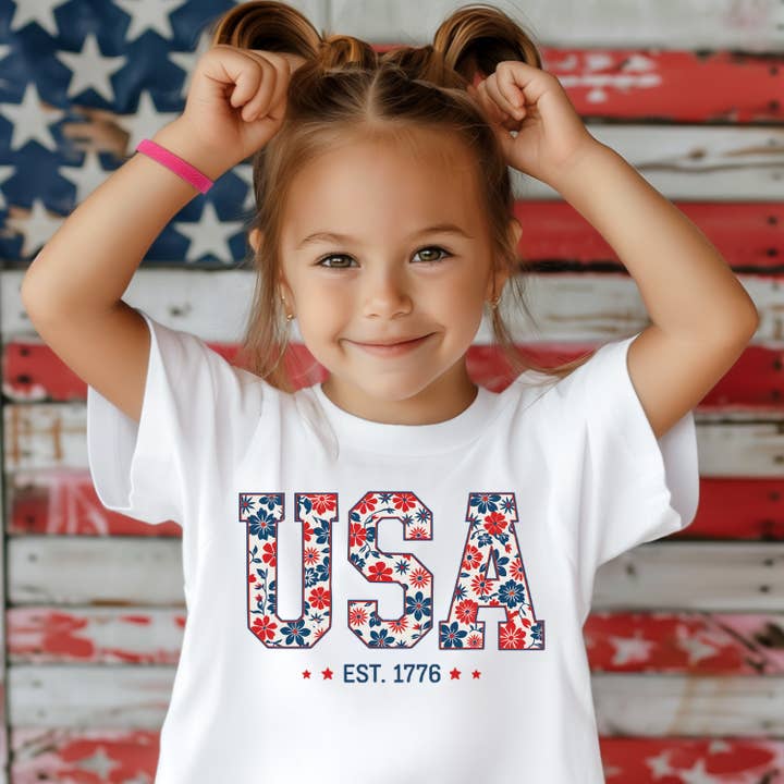 Floral USA 4th of July  Girls Tee Shirt, America  for wholesale by AvaryMaeInspirations