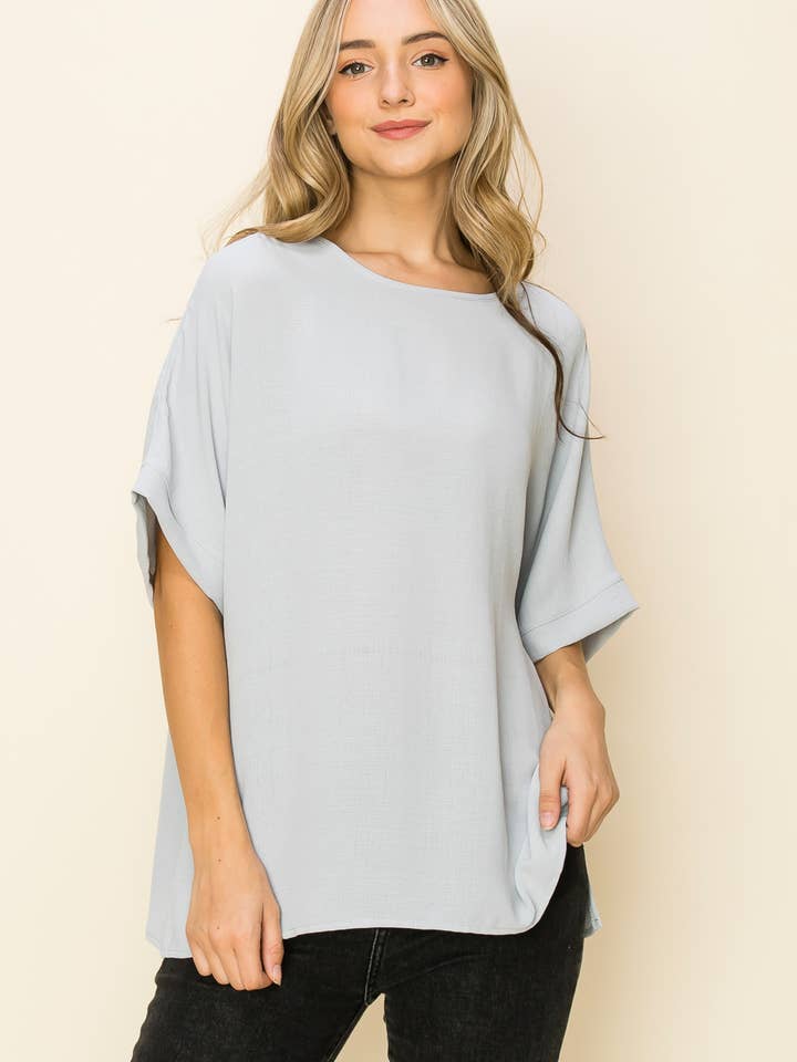 1/2 SLEEVE ROUND NECK LINEN TOP for wholesale by Tres Bien, Inc