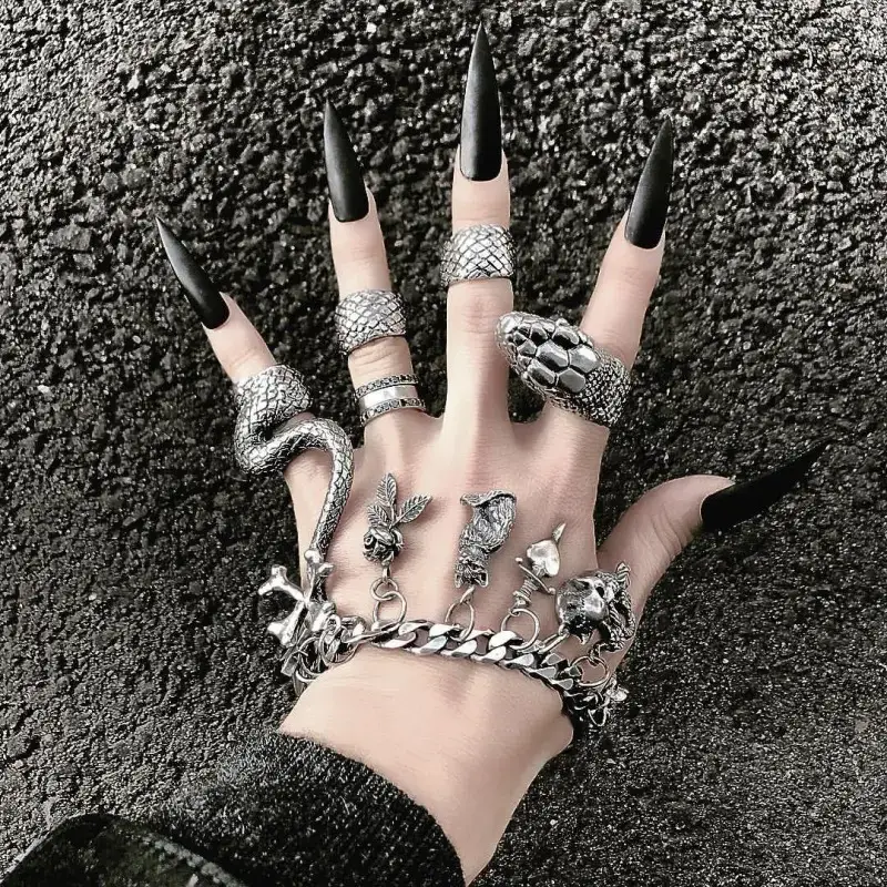 Silver K  Women Vintage Heavy Metal Diablo Gothic Python Ring Set for wholesale on Faire0