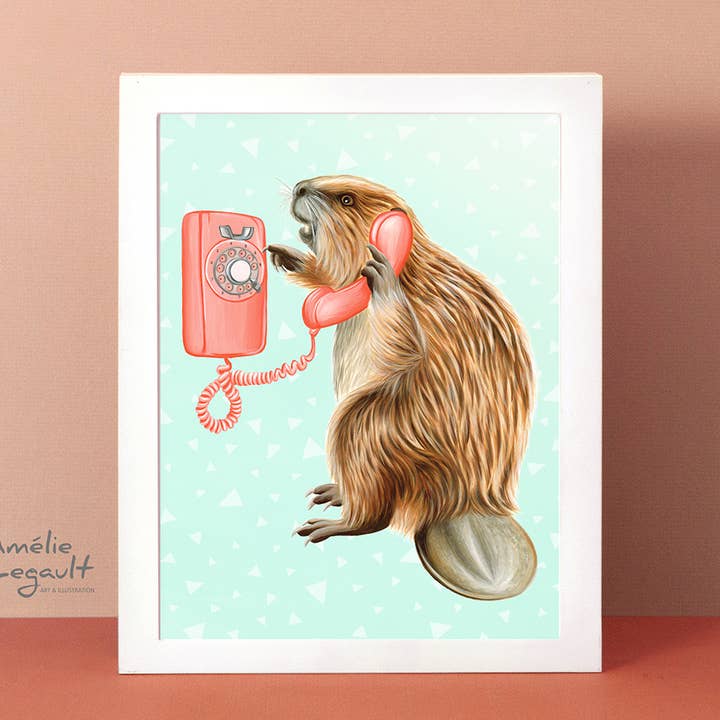 Beaver on the Phone Art Print for wholesale by Sardines Studio