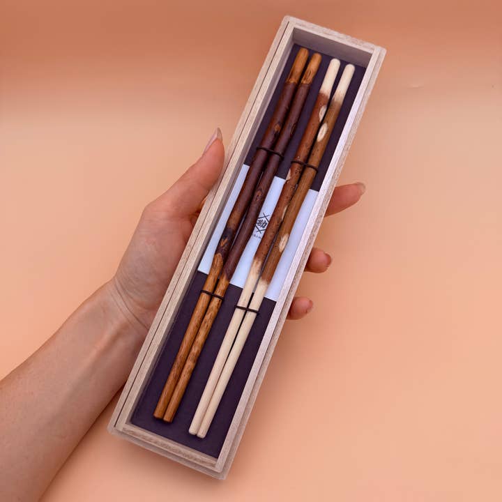 His & Hers Set Natural Wood Branch Chopstick Handmade Rustic for wholesale by House of Shokunin