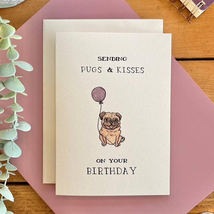 Birthday – “Sending Pugs & Kisses” Card with Pug and Balloon for wholesale by kenziecards