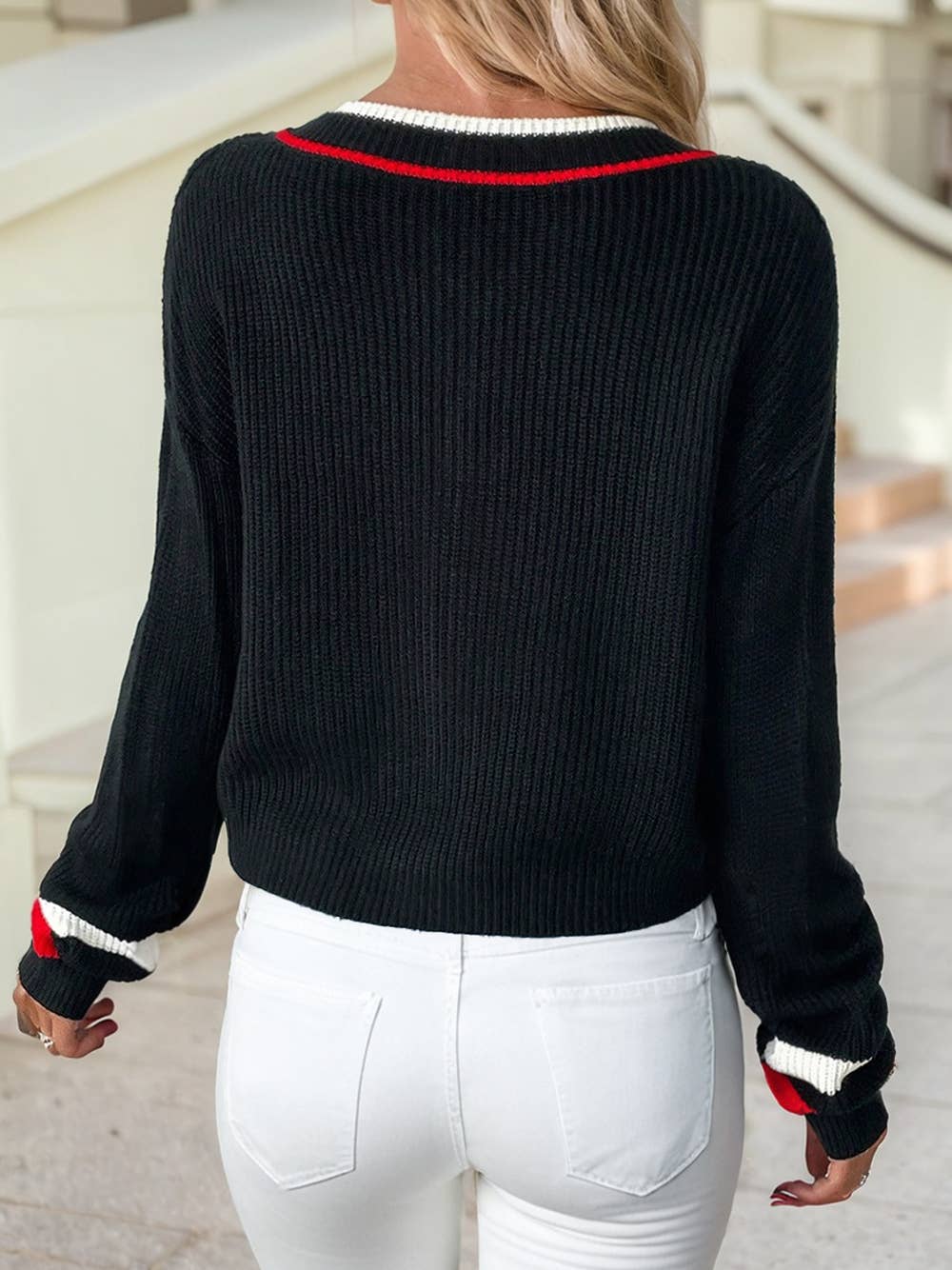 1 the Woman - Wholesale Knit Sweater - Women's - Contrast Striped Trim V Neck Drop Shoulder Sweater1