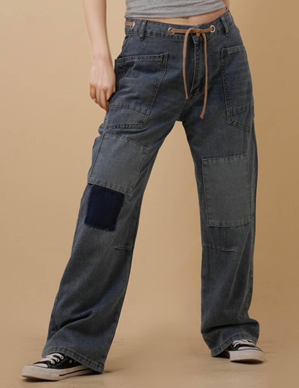 Blue Ladies String Tie Jeans Demin Splice Straight Leg Pants 8SKP50370 for wholesale on Faire9
