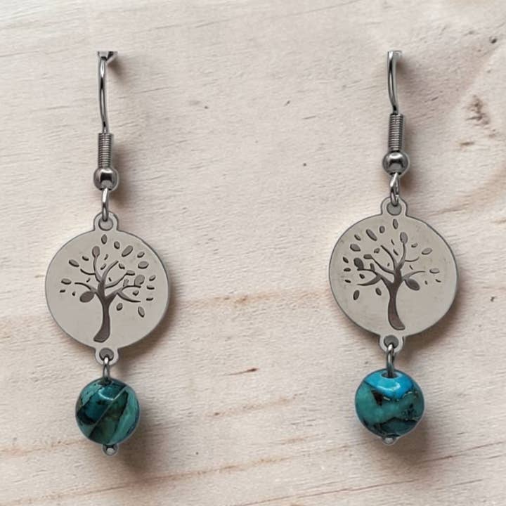 Boucles d'oreilles Arbre de vie en jaspe impérial et en acier inoxydable pour la vente par Covaly Artisan Jewelry