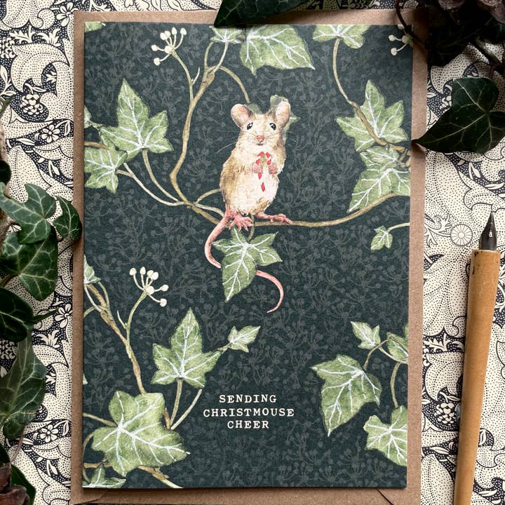 Georgiou Draws - Wholesale Christmas Card - Festive Candycane Mouse Whimsical Watercolour Greetings Card