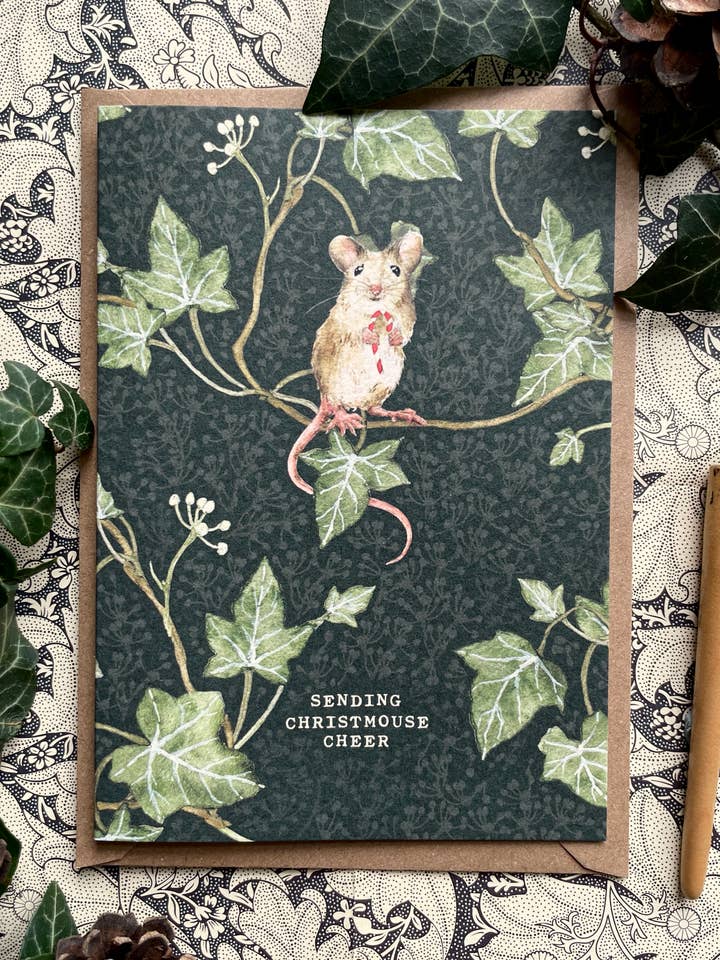 Cartão de saudações em aquarela caprichoso do rato Candycane Festive por atacado de Georgiou Draws