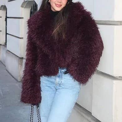 Burgundy Fuzzy Lapel Faux Fur Cropped Coat for wholesale on Faire