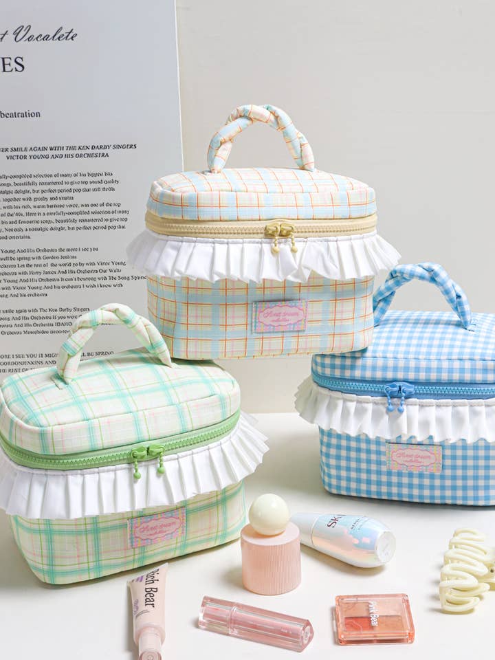 Plaid Pleated Ruffle Cosmetic Case for wholesale by Tickled Teal
