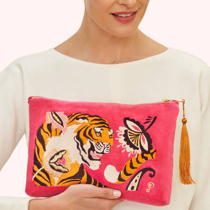 Powder Design inc - US - Wholesale Pouch - Women's - Velvet Embroidered Zip Pouch - Thrill of the Tiger1