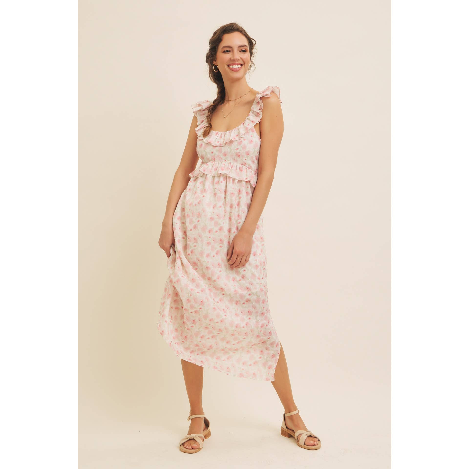 in february – Großhandel Kleid – Damen – ROMANTISCHES FLORALES MIDI-KLEID MIT SCHLITZ, RÜSCHEN UND RÜCKENBINDUNG8