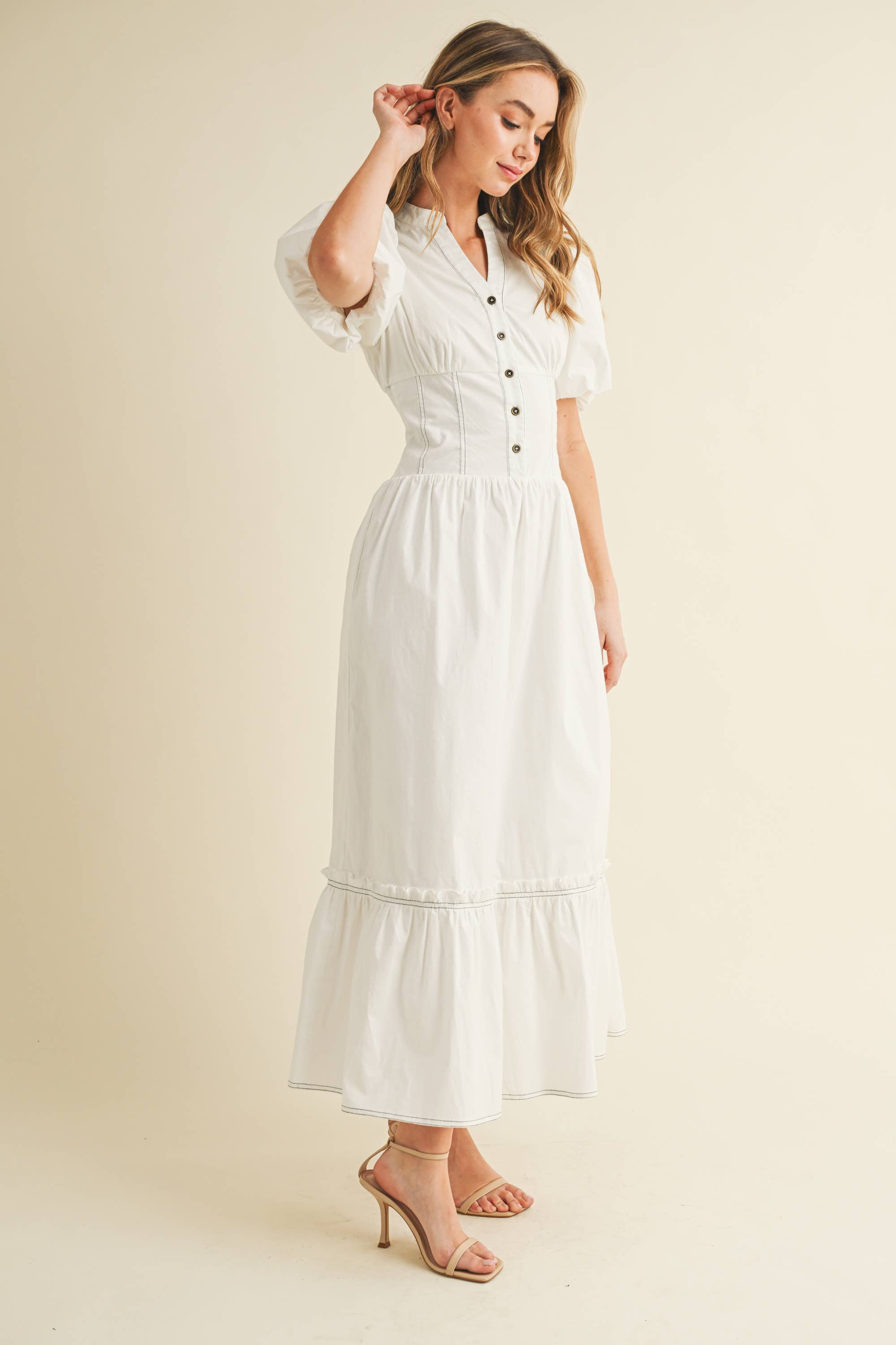 White CD05866-Button Down Smocked Waist Puff Sleeve Midi Dress for wholesale on Faire2