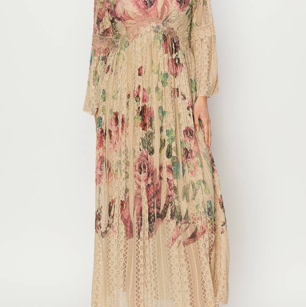 Romantic Lace Bell-Sleeved A-Line Midi Dress-4658TP-BIG ROSE for wholesale by Origami Apparel ~ Lace and Crochet inspired