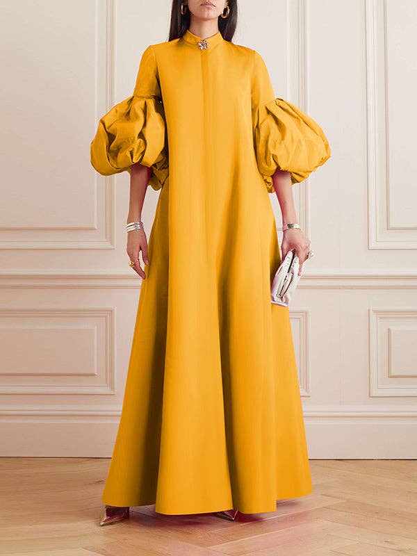 FurDecoration - Wholesale Dress - Women's - Flowy Floral Stand Collar Lantern Sleeve Maxi Dress10