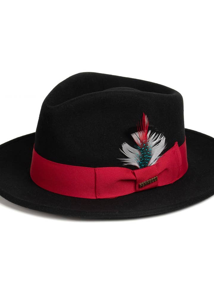 Chapeau Fedora en laine australienne 100% écrasable noir/rouge pour la vente par Ferrecci