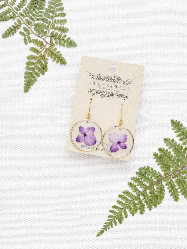 Pressed Purple Hydrangea Earrings, Flower, 14k gold filled for wholesale by Indigo & Lily Co.