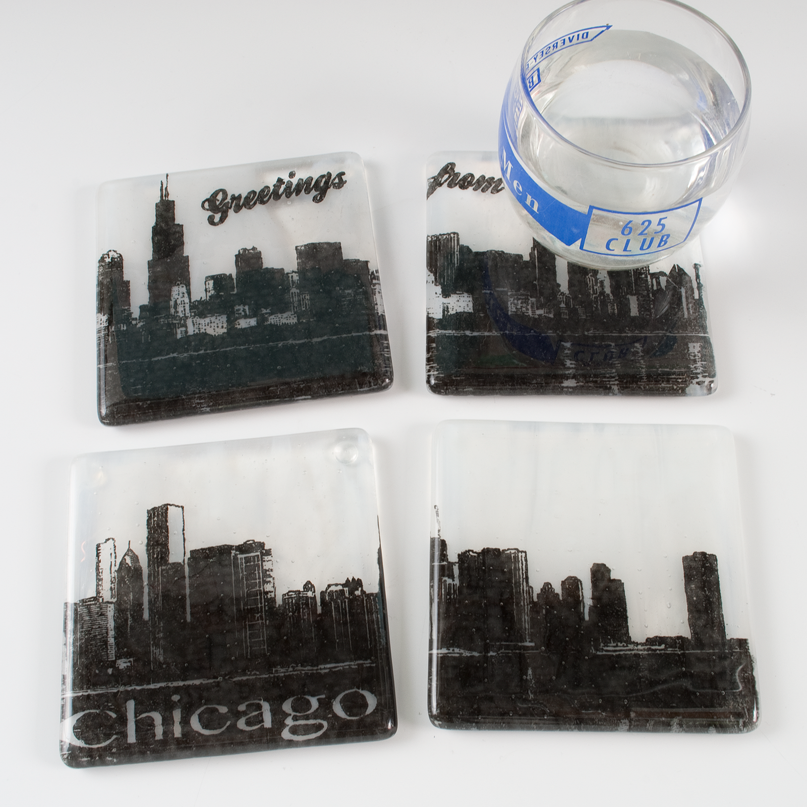 Kiku Handmade | Contemporary Fused Glass Home Goods - Wholesale Coasters - Chicago Skyline Fused Glass Coaster 4-Pack1