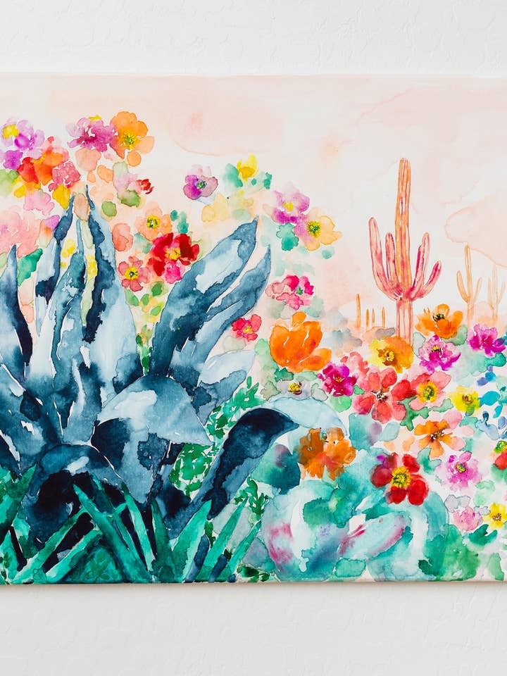 Agave and Pink Saguaro Desert Watercolor Art Print for wholesale by Pink Puddle Studio