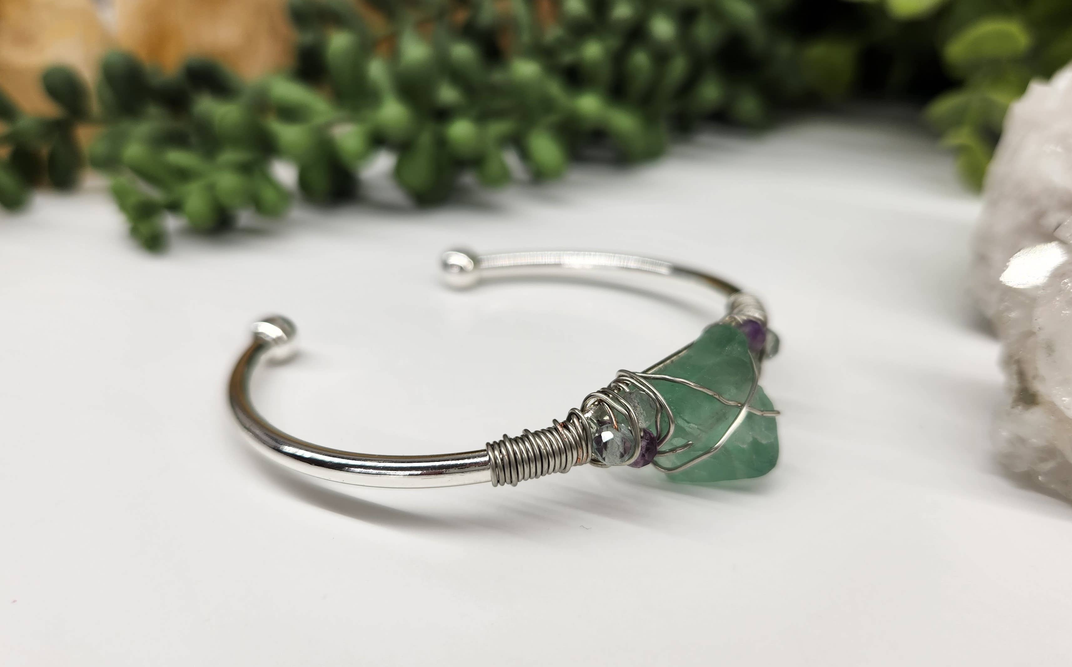 Meraki Gemstones - Wholesale Cuff Bracelet - Rainbow Fluorite/R. Fluor.Rough Gemstone Wire Wrapped Bangle1