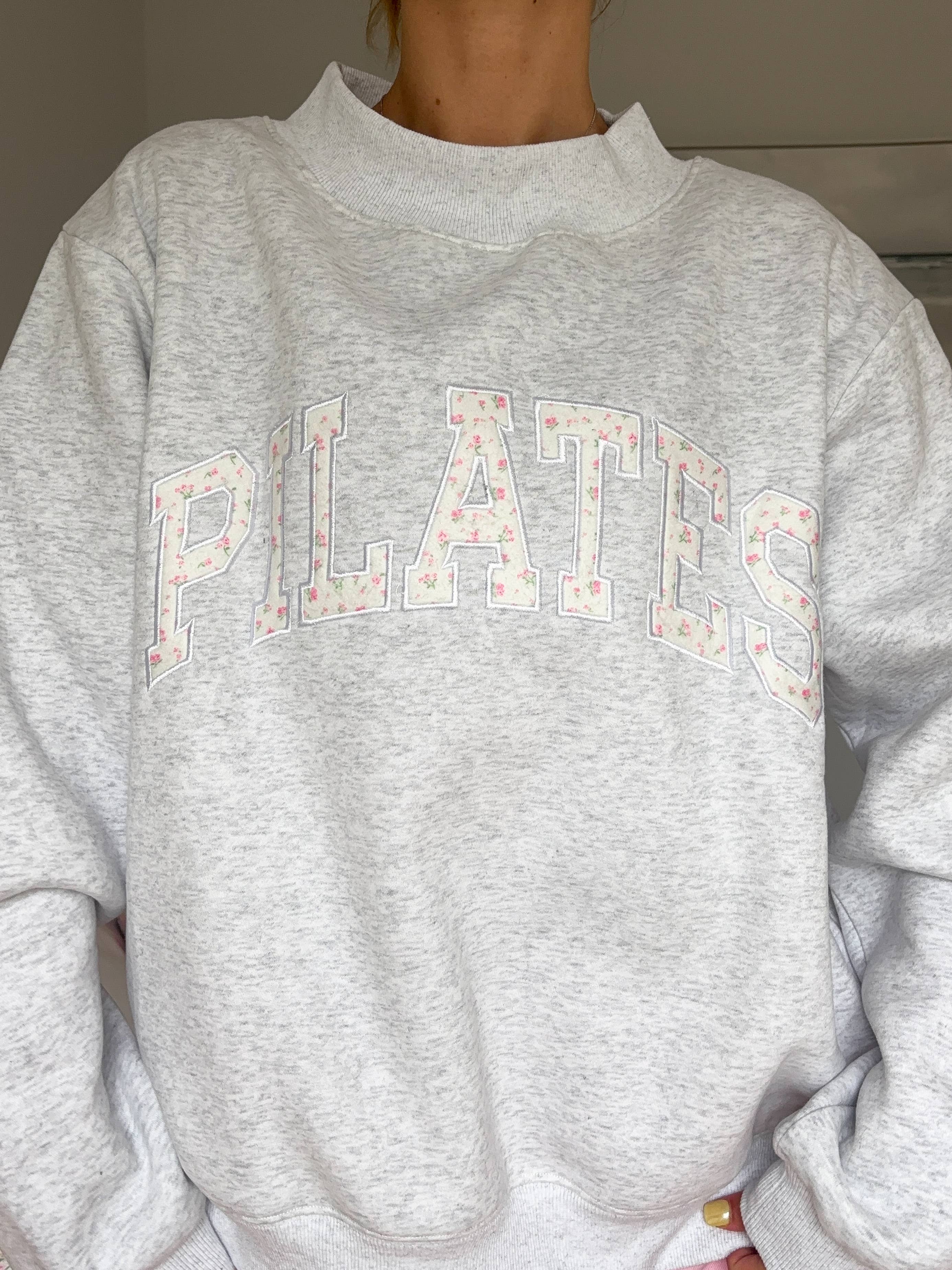 Pearl Grey Mockneck Pilates Embroider Sweatshirt for wholesale on Faire10