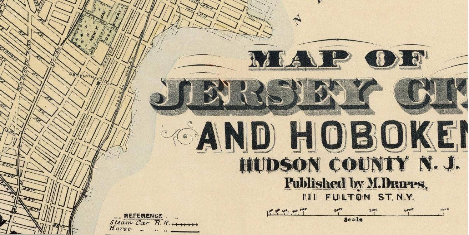 OldCityPrints - Old Maps and Posters – wholesale Karta – Gammal karta över Jersey City och Hoboken Hudson County 1882 Vintagekarta | Vintagekarta Väggkonsttryck1