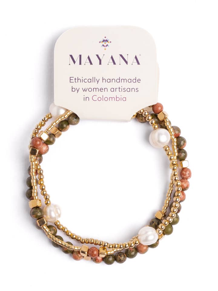 Set/3 Gem and Pearl Miyuki Stretch Bracelets (Unakite) for wholesale by Mayana Designs Co