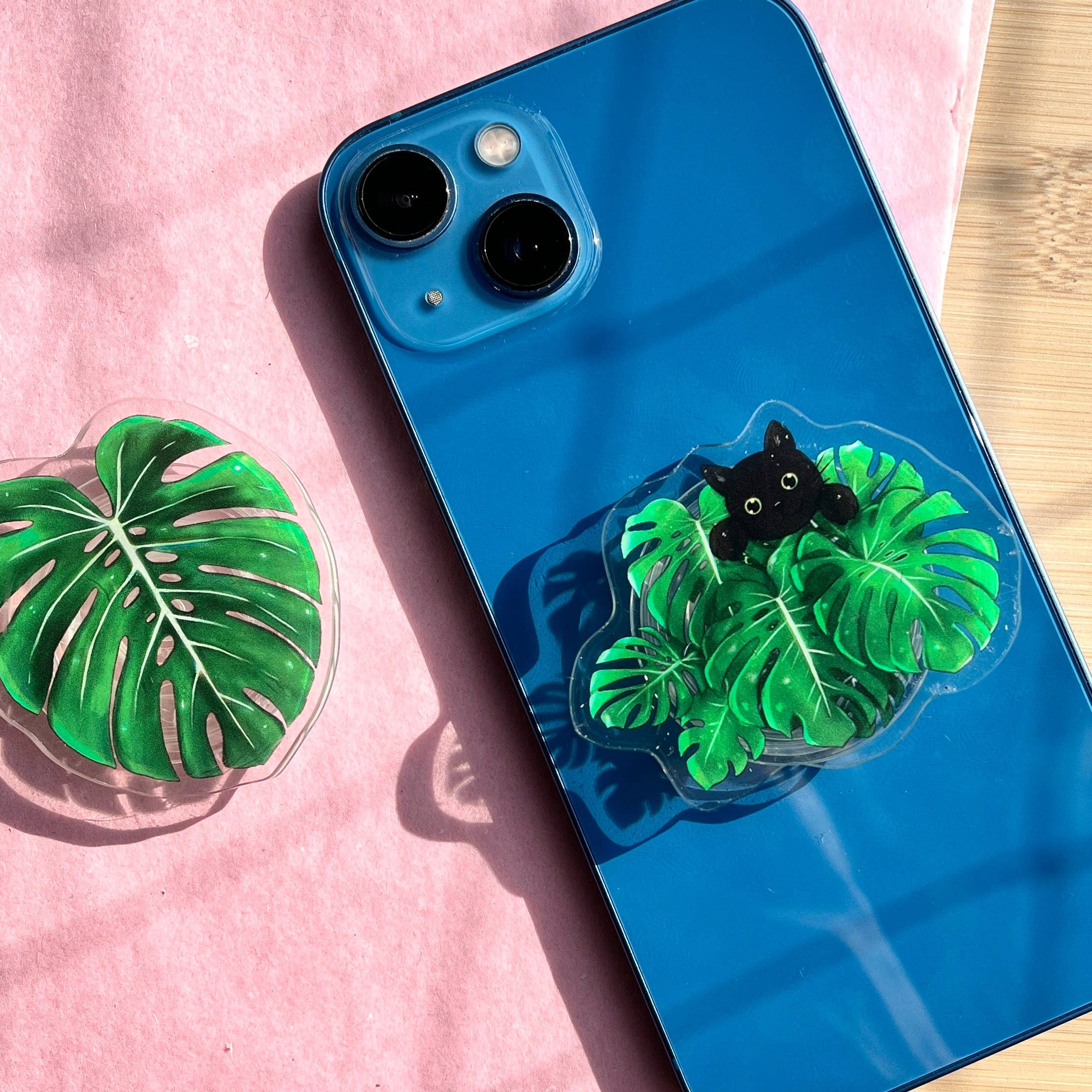 plantyintroverts - Wholesale Phone Grip - Acrylic mobile phone grip - cat in Monstera leaves