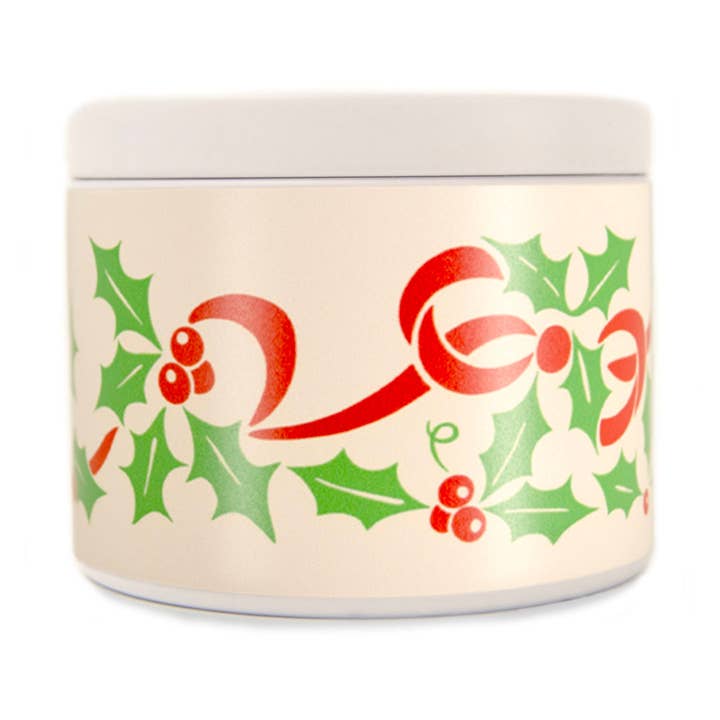 Bougie en étain Pyrex de Noël au gui 113g pour la vente par Lucky Mfg. Co.