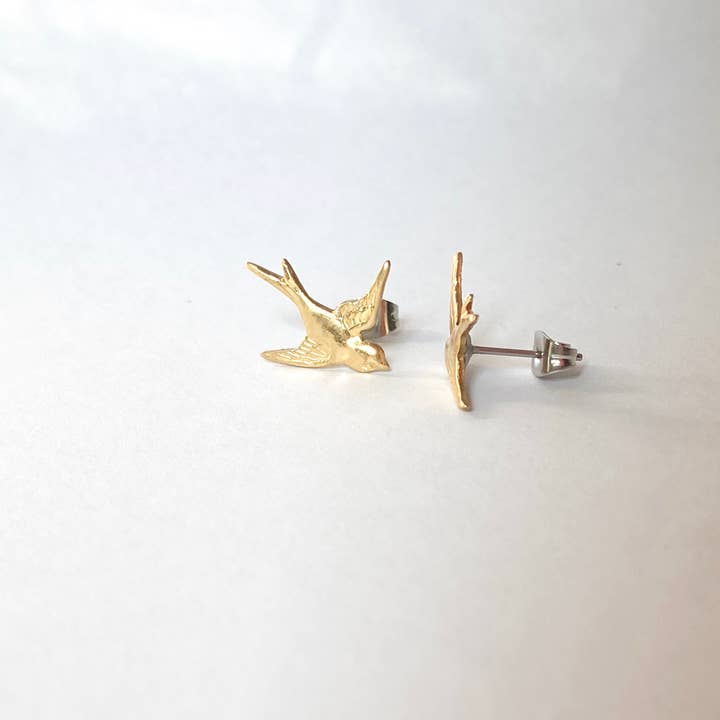 Red Truck Designs - Wholesale Stud/Post Earrings - Gold Bird Stud Earrings Bird Earrings Flying Sparrow