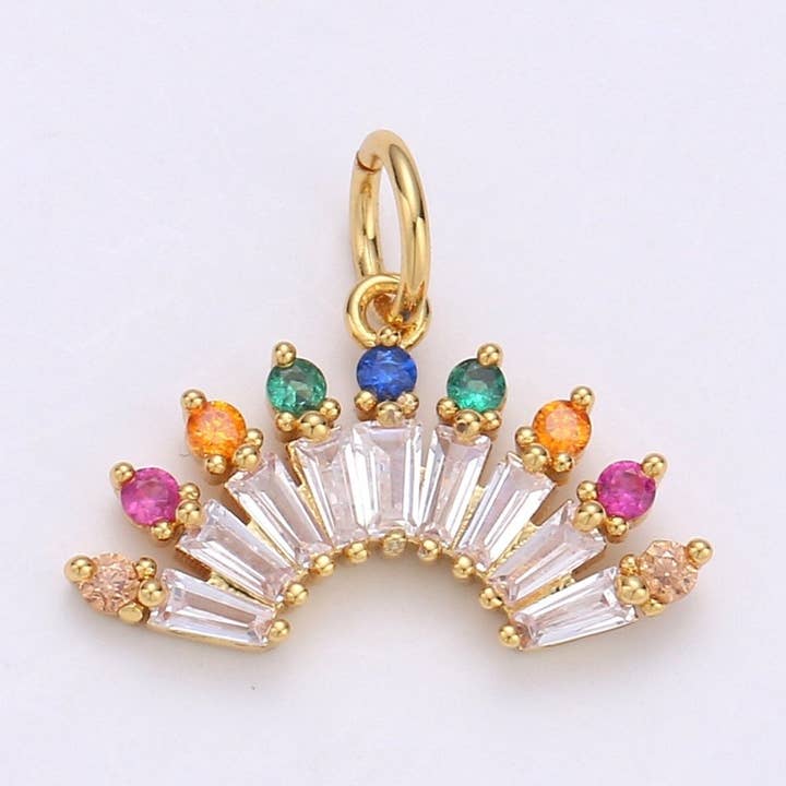 Cubic Rainbow Color CZ Fan Shaped Pendant, Micro Pave Colorful Cubic Zirconia Baguette Charm Pendant for Necklace earring Bracelet E-557 for wholesale by Aim Eternal