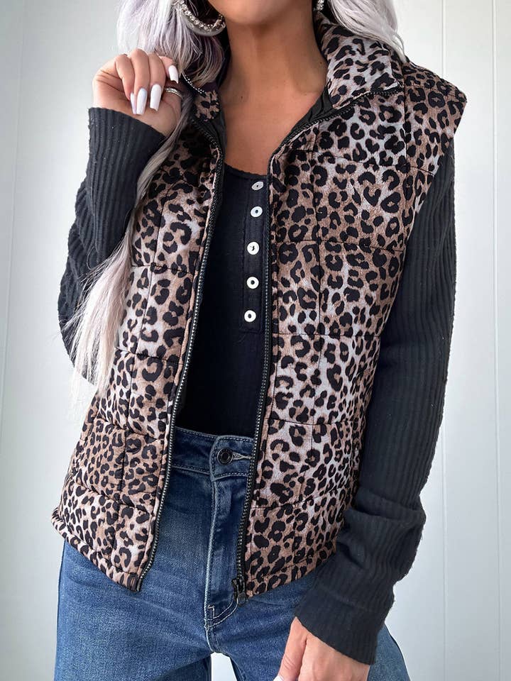 Leopard Quilted Full Zipper Casual Puff Vest for wholesale by FULL TIME PURCHASE