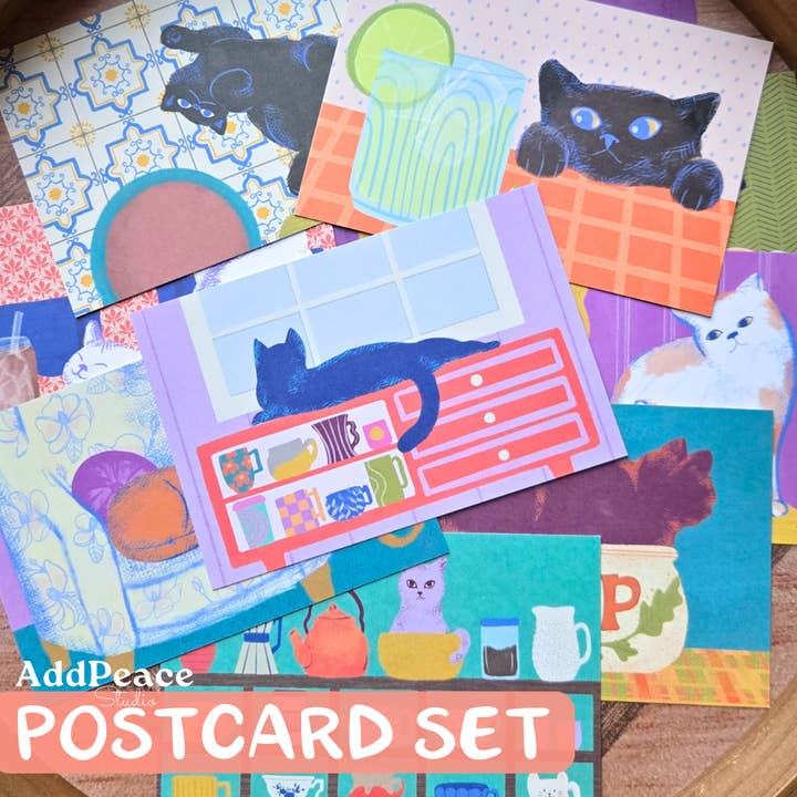 Cats & Cups Illustrated Postcard Pack | Snail Mail Gift for wholesale by AddPeace Studio