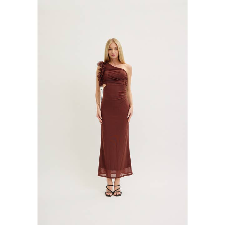 LENA - Wholesale Dress - Women's - FRILL AND CUTOUT WAIST DETAIL ONE SHOULDER MESH MAXI DRESS
