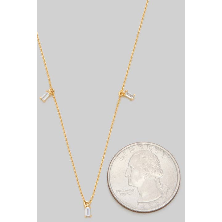 Girly - Wholesale Pendant/Charm Necklace - FIVE TINY CZ BAGUETTE CHARMED BRASS NECKLACE