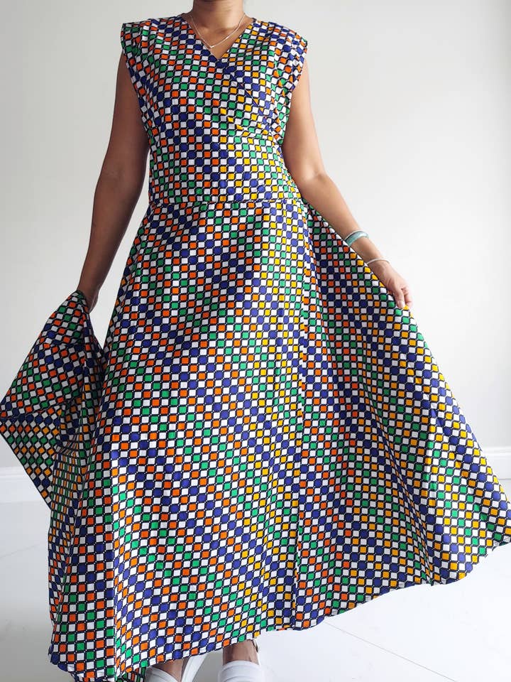 1045- Women Long Printed Sleeveless Wrap Dress for wholesale by India Batik