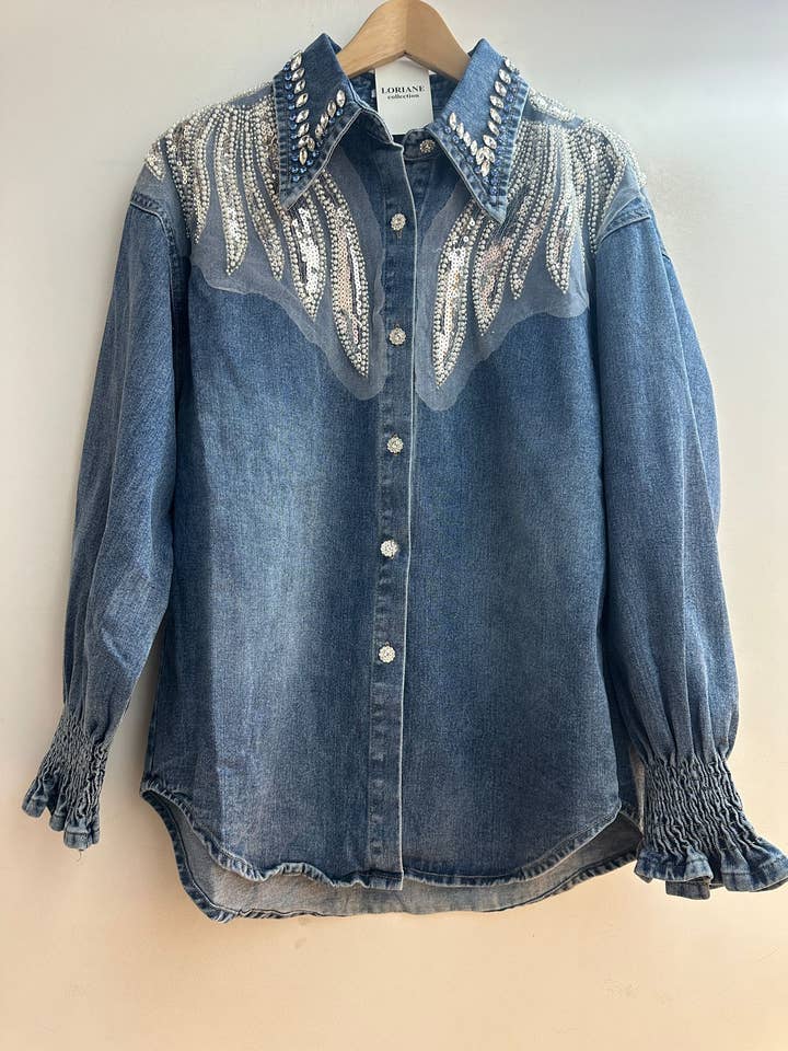 Blue 7360 Denim shirt with pearl, stone, and jewelry for wholesale on Faire4