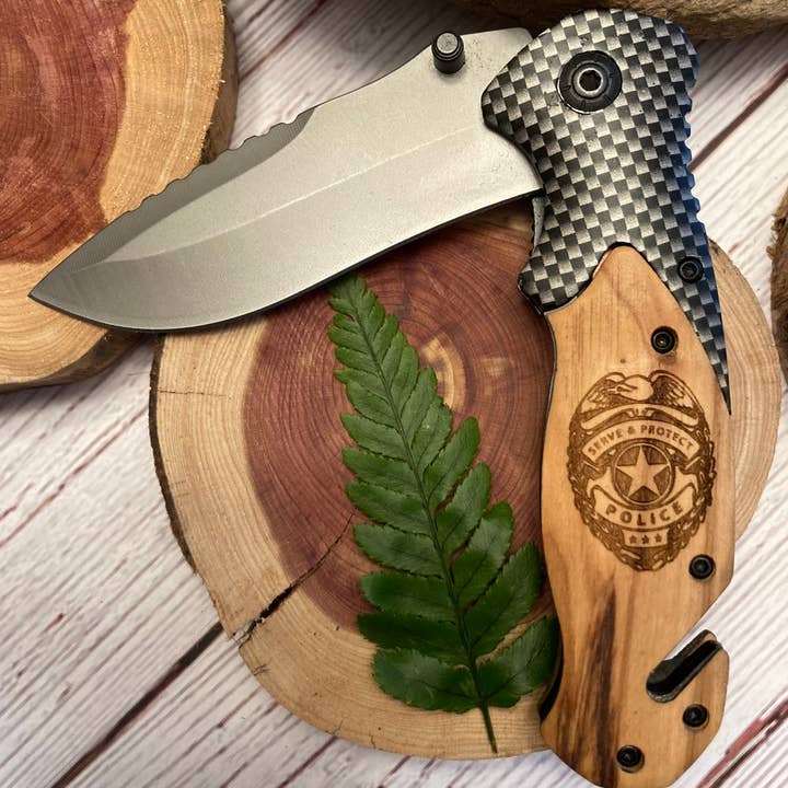 Police Badge/Serve & Protect Knife for wholesale by Quail Tail Laser Art
