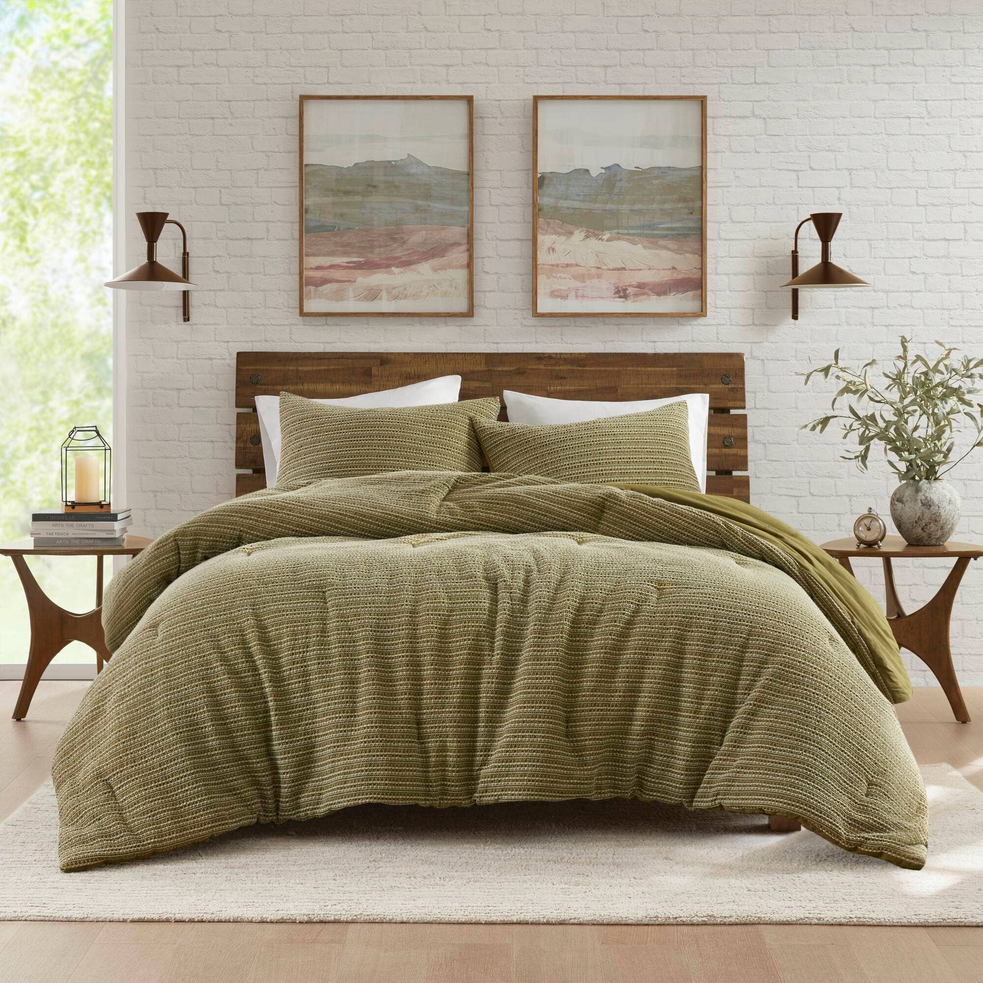Olliix - Wholesale Bedding Set - 3 Piece Vintage Waffle Washed Comforter Set, Green1