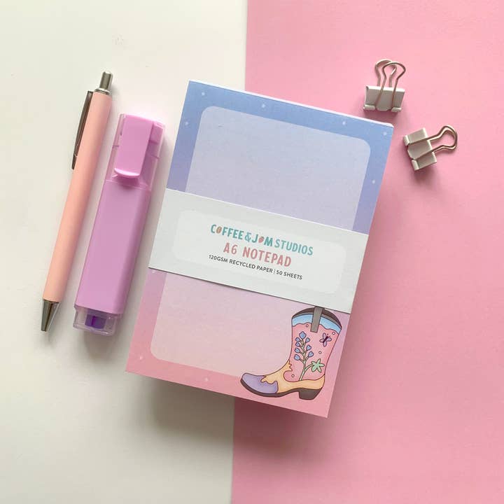 Floral Cowboy Boot - Recycled A6 Notepad for wholesale by Coffee & Jam Studios