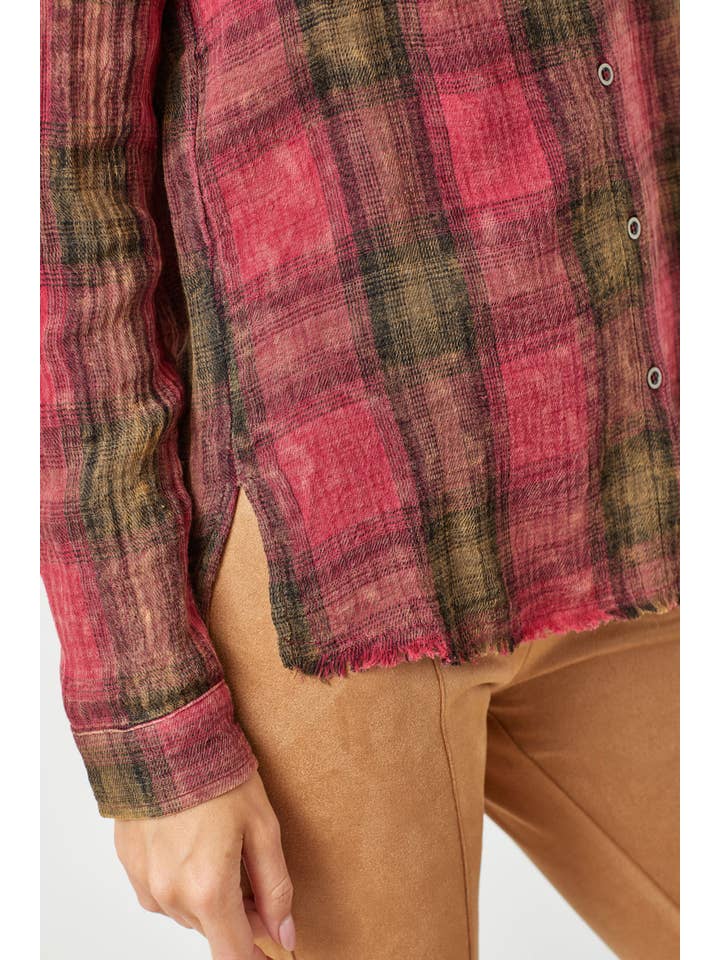 Mystree - Wholesale Button Down Shirt - Women's - 60294 Fringe Bottom Washed Plaid Shirt