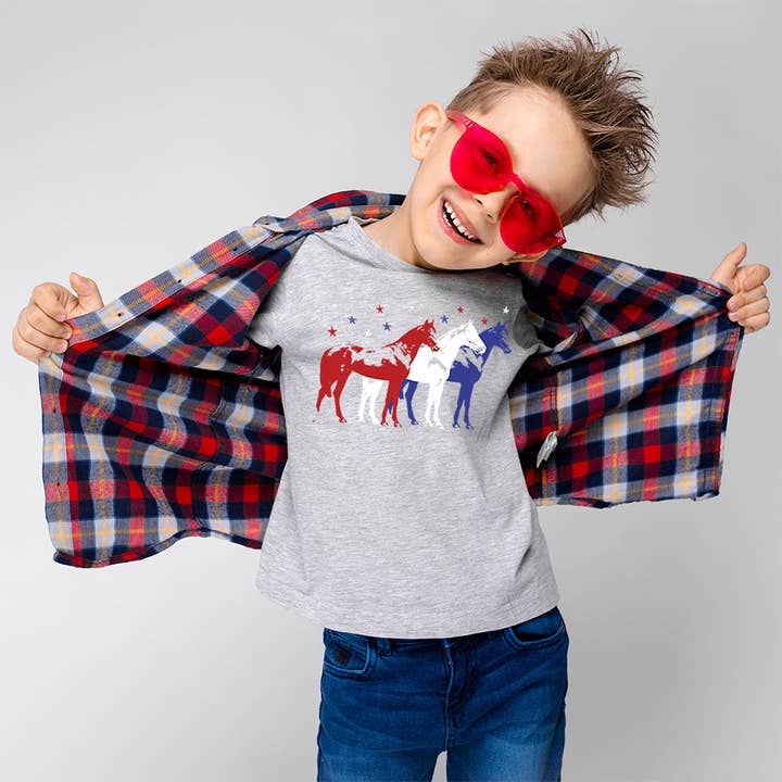 Red White and Blue Horses Youth T-Shirt for wholesale by Equestrian Creations