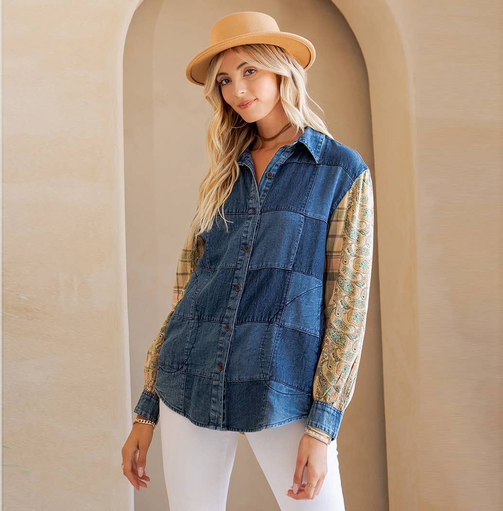 Young Threads - Wholesale Button Down Shirt - Women's - Western Boho Chic: Patchwork Denim Buttondown Shirt 9