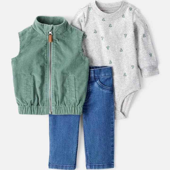 3-piece set: corduroy vest, bodysuit, and denim pants for wholesale by Nenina & Co