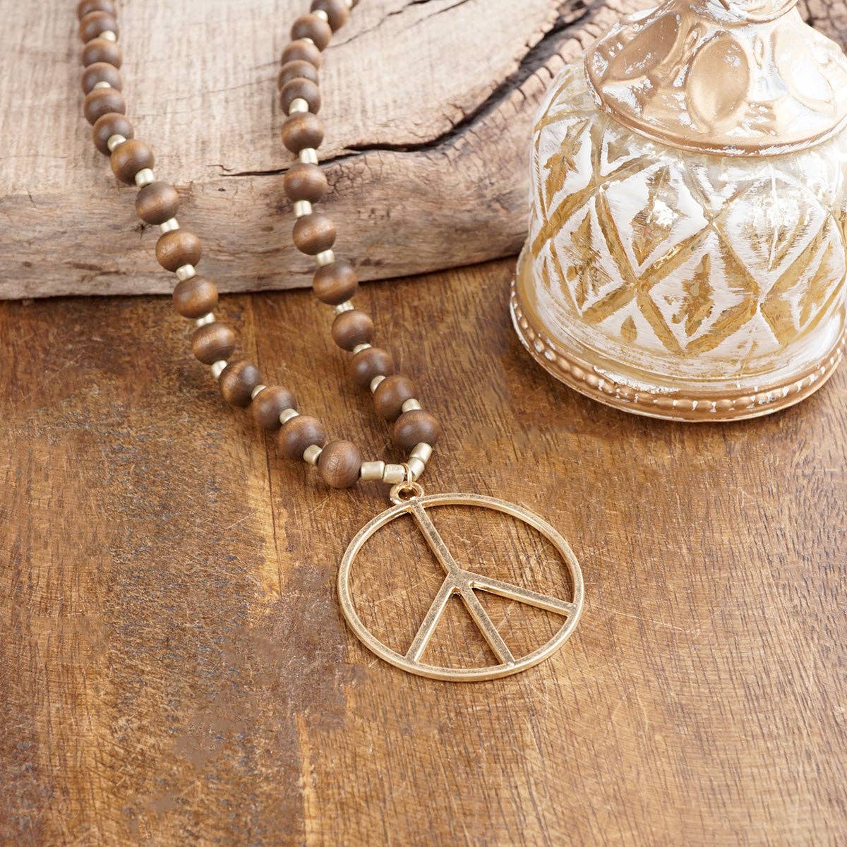 PennyLine inc - Wholesale Pendant/Charm Necklace - Long Wood Bead Necklace with golden peace sign pendant - Brown2
