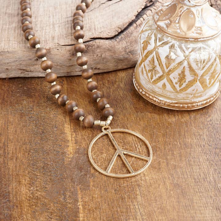 PennyLine inc - Wholesale Pendant/Charm Necklace - Long Wood Bead Necklace with golden peace sign pendant - Brown2