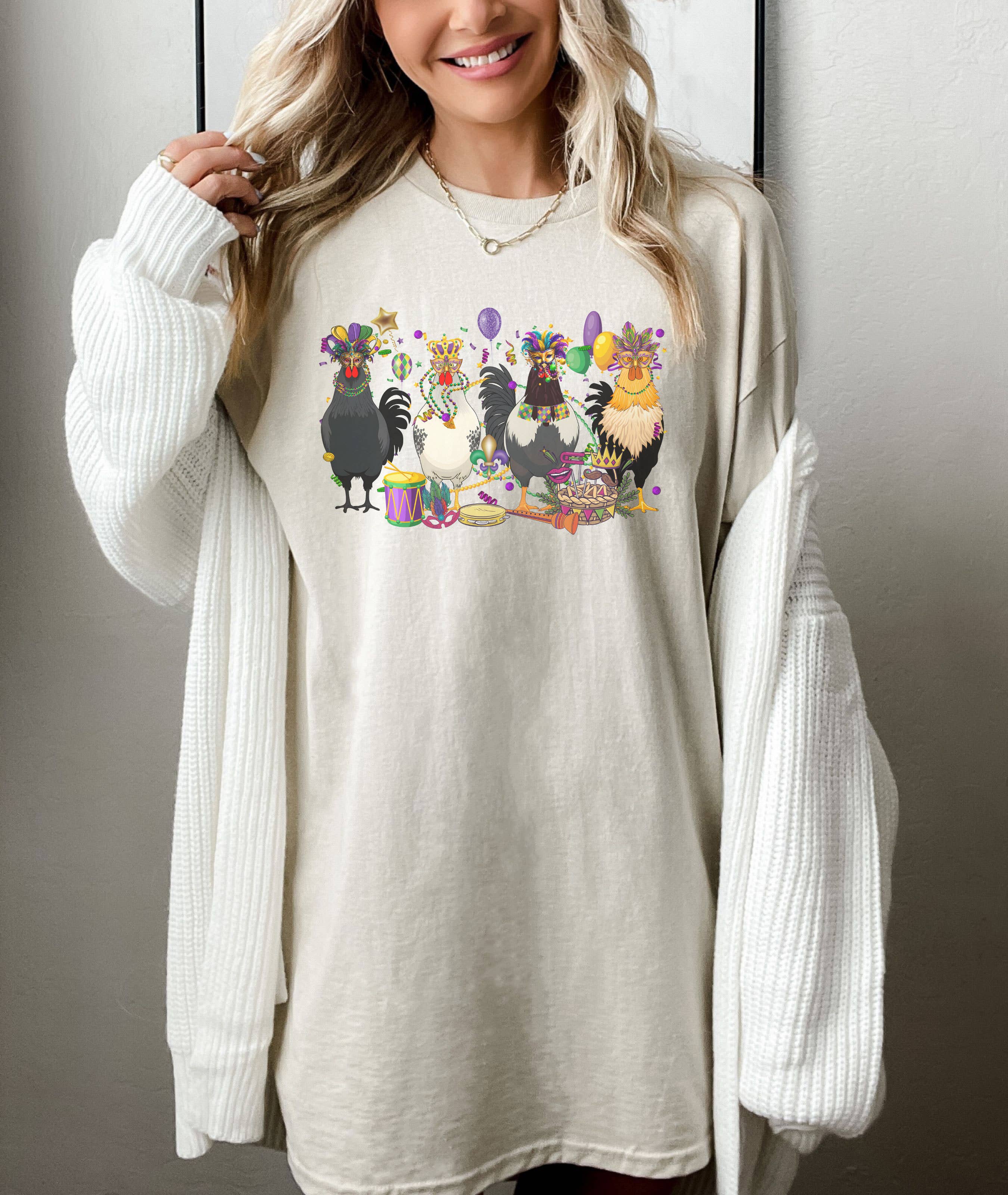 SONDO DESIGN LTD – wholesale Tunic – Women’s – Mardi Gras Chickens Shirt, Mardi Gras Farm Animal Tshirt3