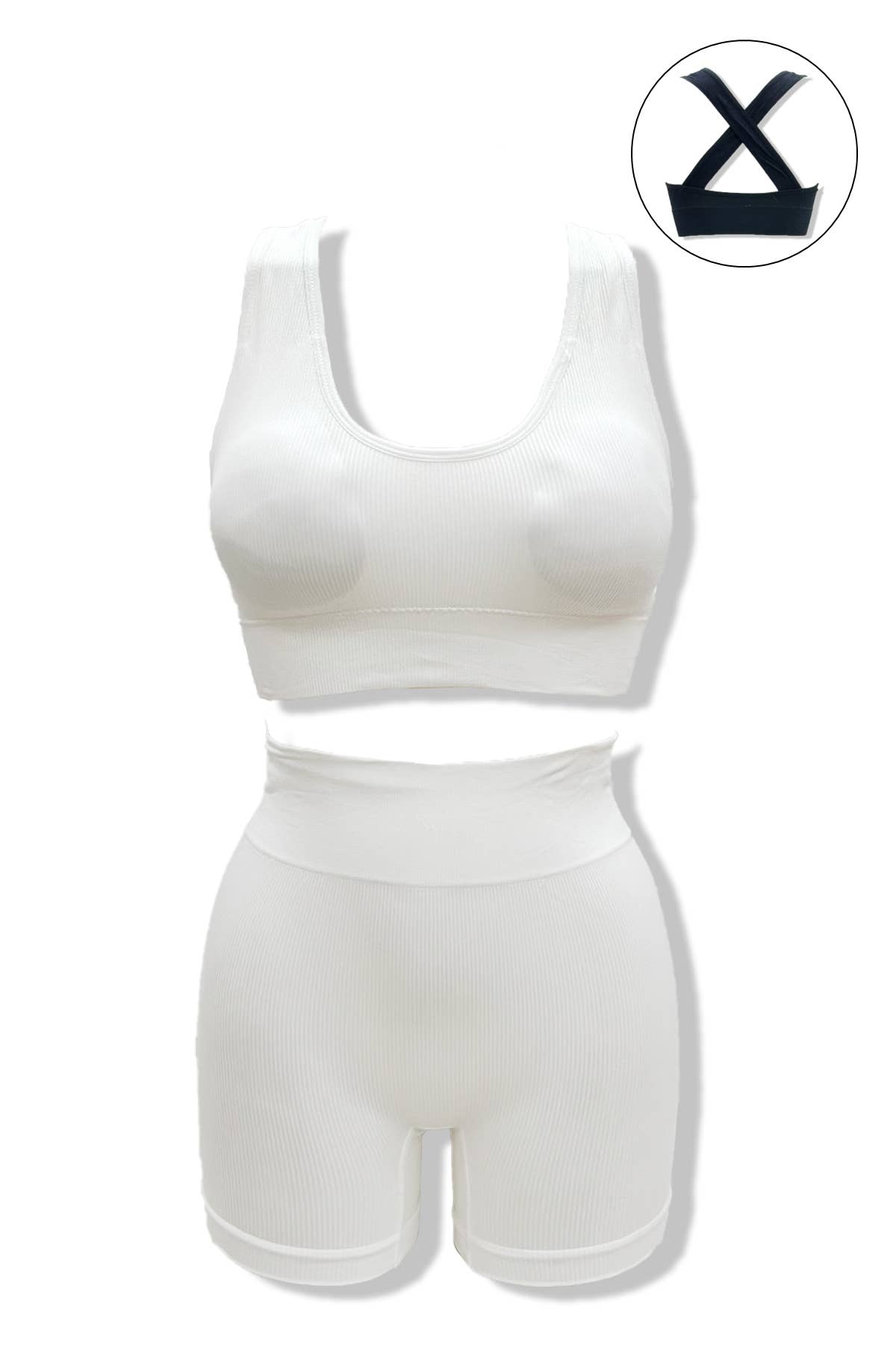 Belle Com'Elle – Großhandel Sportbekleidungsset – Damen – Geripptes Sportset mit Überkreuz-BH und Radlerhose3