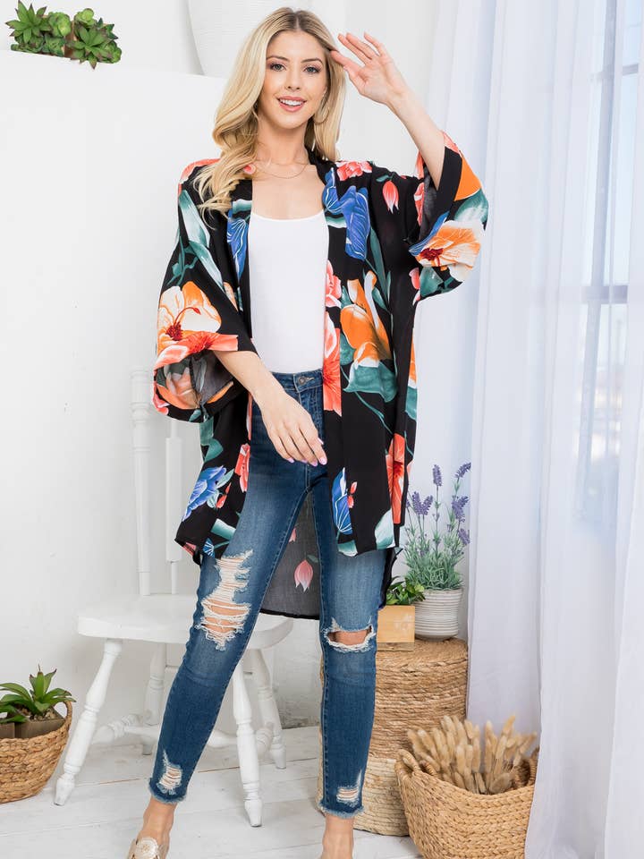 LA Soul - Wholesale Kimono - Women's - Tropical Flower Print Kimono - Vibrant Patterns0